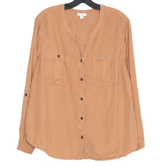 J Jill Top Lyocell Minimalist Utility Neutral Workwear Button Roll Tab Brown 2X - Picture 1 of 7